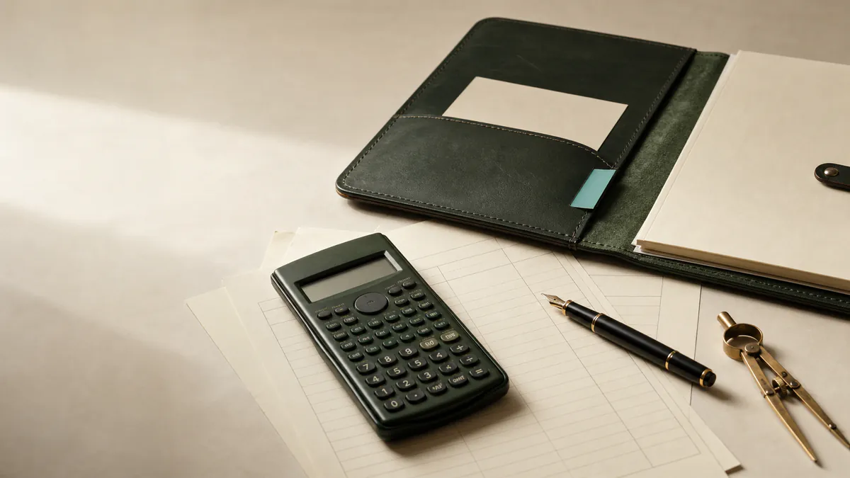 Academic desk with a folio, transcript sheets, calculator, and fountain pen